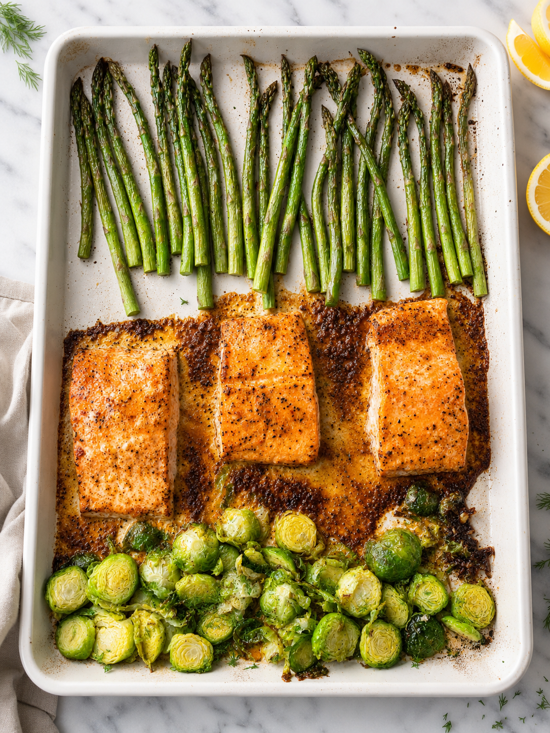 Sheet Pan Salmon and Asparagus with Brussels Sprouts