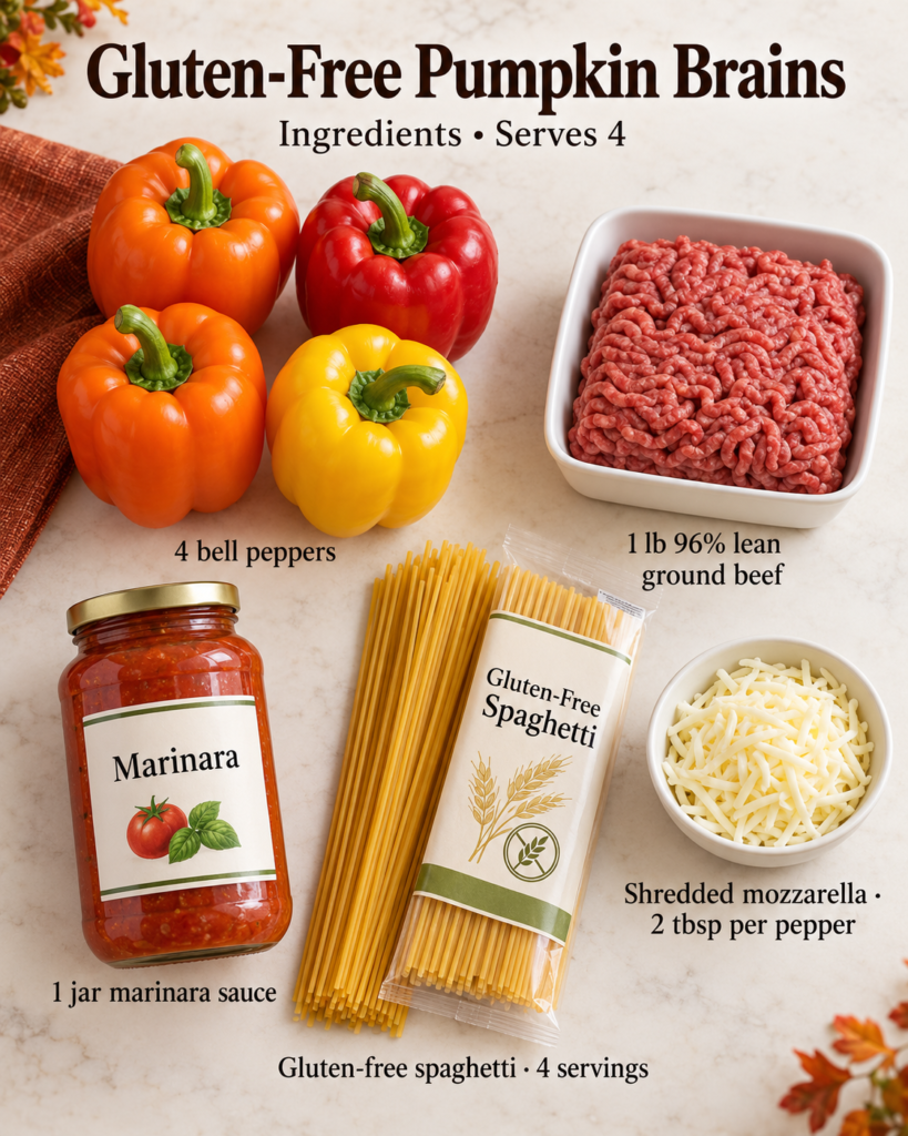 Red, yellow, and orange jack-o&rsquo;-lantern stuffed bell peppers topped with gluten-free spaghetti brains.